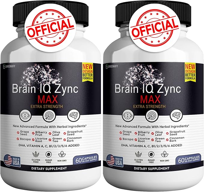 Brain IQ Zync Max - Natural Brain Support Supplement for Memory, Focus & Clarity - Clear Brain Fog & Boost Cognitive Function - 120 Capsules