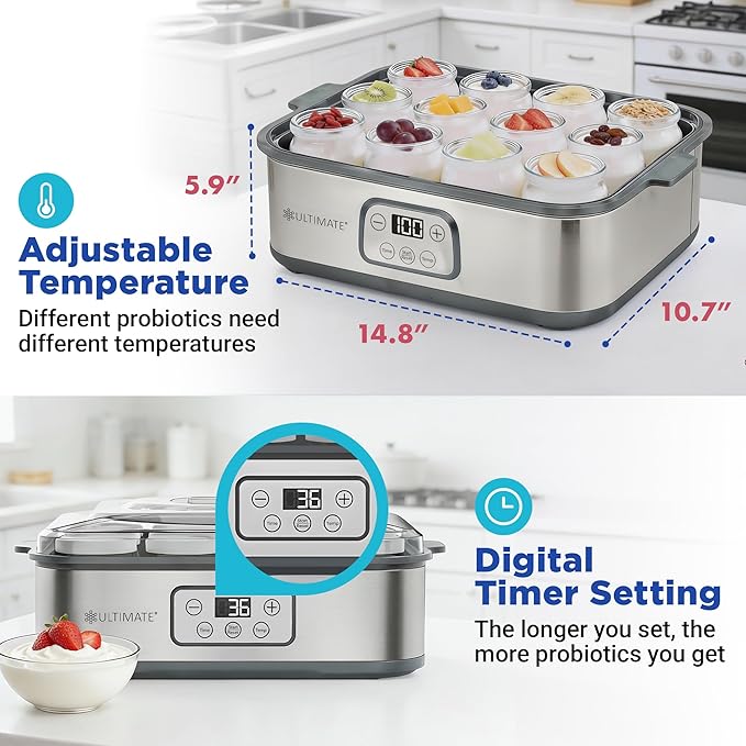 Ultimate Probiotic Yogurt Maker XL - Adjustable Time & Temperature Control - 50% More Capacity with 12 x 6oz Yogurt Jars - Make Trillions of Probiotics for Gut Health - ULTIMATE LIFETIME WARRANTY