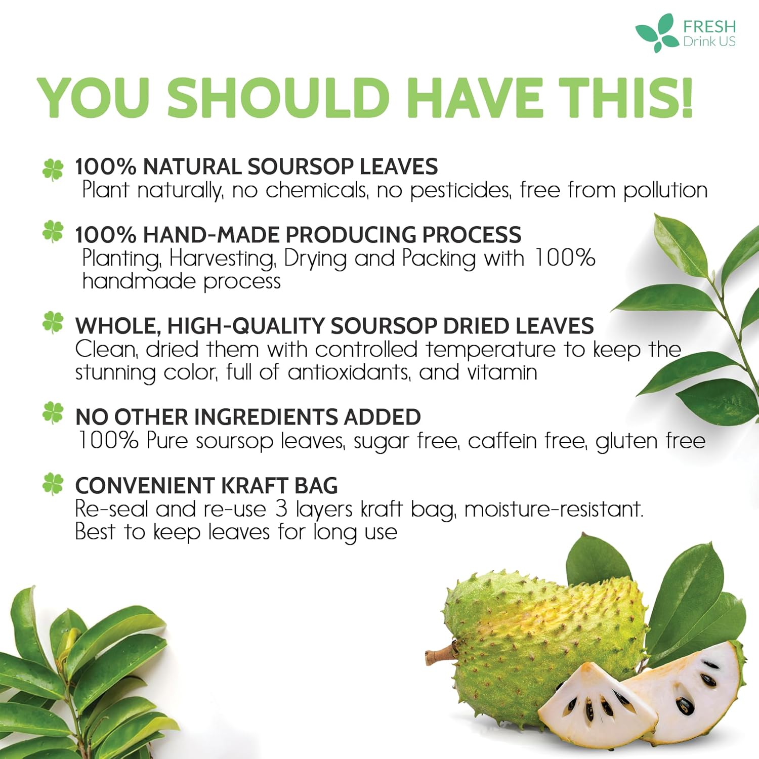 FreshDrinkUS, Premium 275+ Soursop Graviola Whole Dried Leaves Tea, 275-300 Soursop Graviola Guanabana Whole Leaves, Wildcrafted, Hoja Guanabana Loose Leaf Herbal Tea, No Gluten, Vegan
