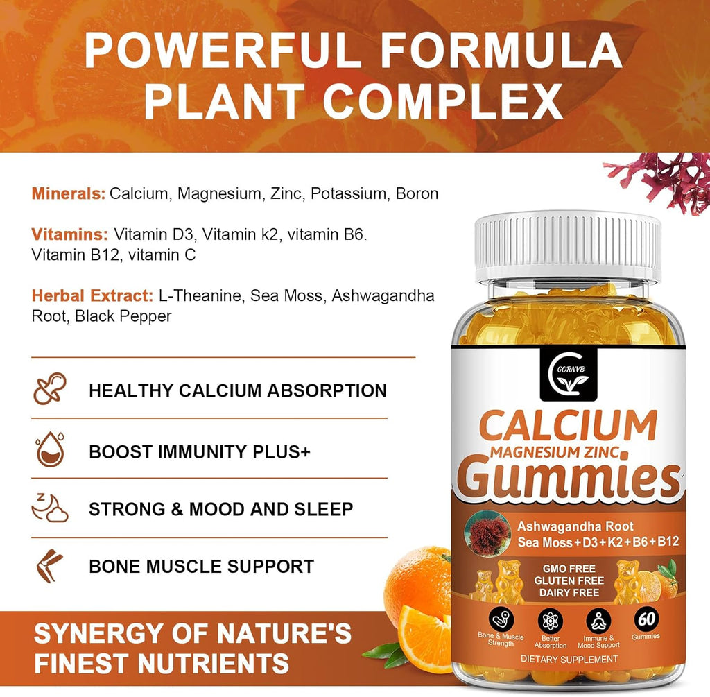 1200mg Calcium Gummies with Vitamin D3,K2,B12 & B6 - Plant Complex Calcium Magnesium Supplement with Glycinate,Potassium,Sea Moss,Ashwagandha Root for Bone & Teeth Strength, Muscle & Immune