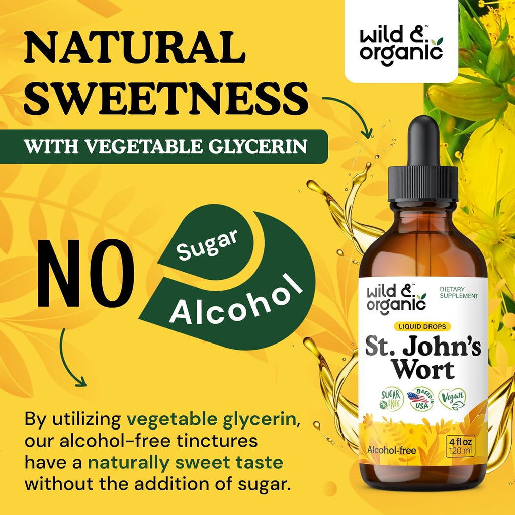 Wild & Organic St Johns Wort Tincture - Mood Support - Calming St John's Wort Supplement - Hypericum Perforatum Herbal Liquid Drops - Vegan, Sugar & Alcohol Free - 4 fl oz