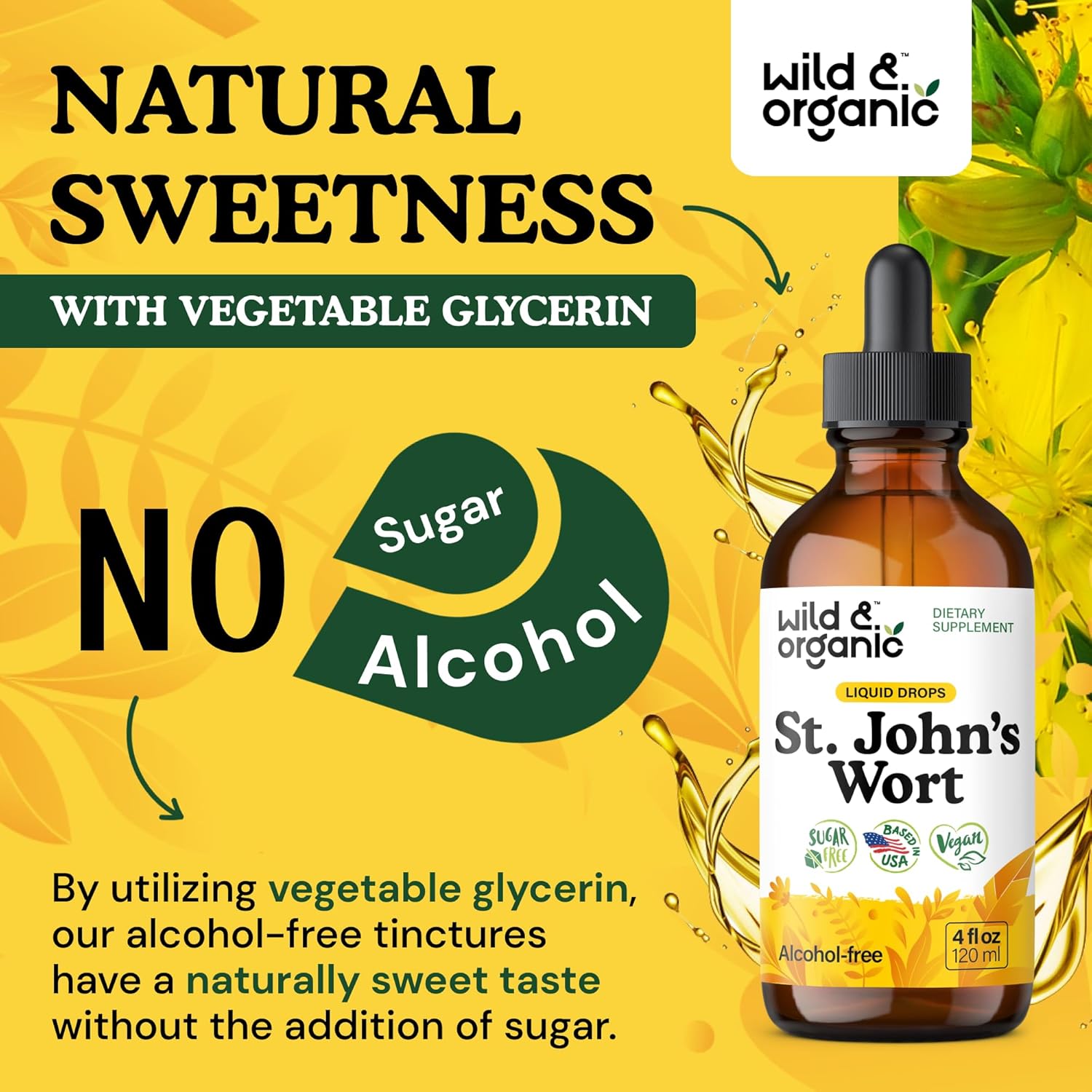 Wild & Organic St Johns Wort Tincture - Mood Support - Calming St John's Wort Supplement - Hypericum Perforatum Herbal Liquid Drops - Vegan, Sugar & Alcohol Free - 4 fl oz