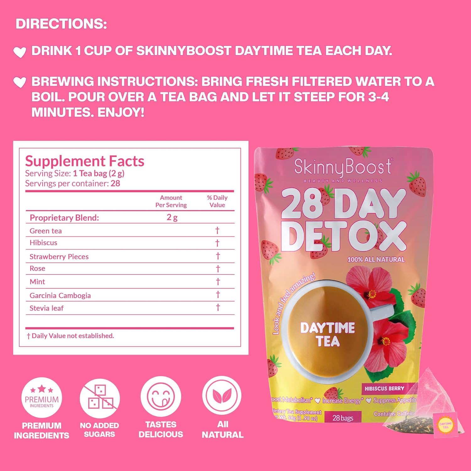 Skinny Boost Detox Tea Kit- 2 PACK –1 Daytime HIBISCUS (28 Bags) + 1 Evening APPLE CINNAMON-(14 Bags) – Herbal Detox for Energy, Bloating & Colon Cleanse – Green Tea, Vegan, Keto, Non-GMO, Sugar-Free