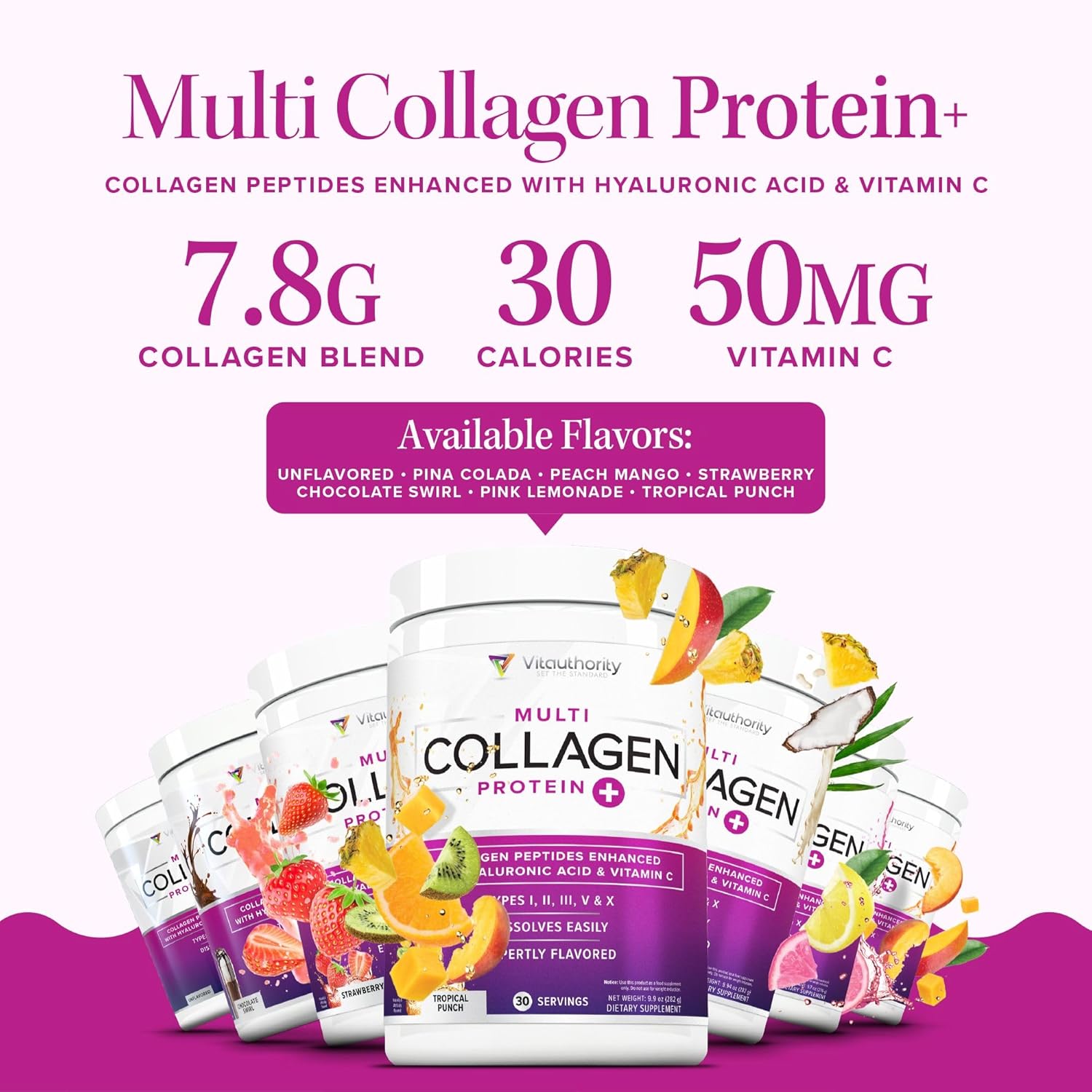 Multi Collagen Peptides Powder for Women - Hydrolyzed Flavored Collagen Powder for Women with Types I II III V & X Vitamin C & Hyaluronic Acid for Hair Skin and Nails (Tropical Punch) - 30 Servings
