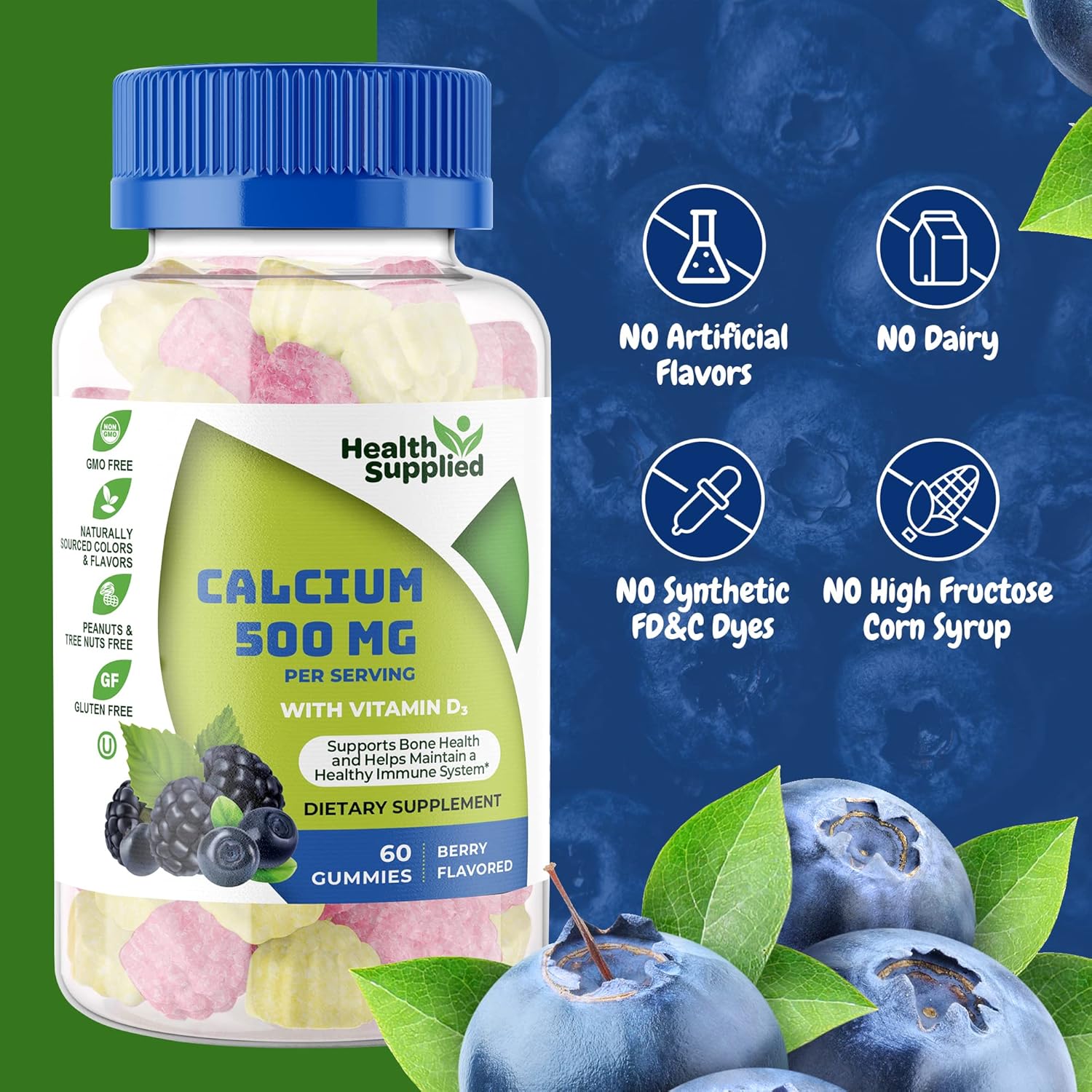 Health Supplied Calcium 500mg with Vitamin D3 1000 IU Gummies | Daily Dietary Supplement | Bone Strength, Growth, Teeth | for Adults, Teens, Kids | Great Tasting Natural Berry Flavor Vitamin Gummy