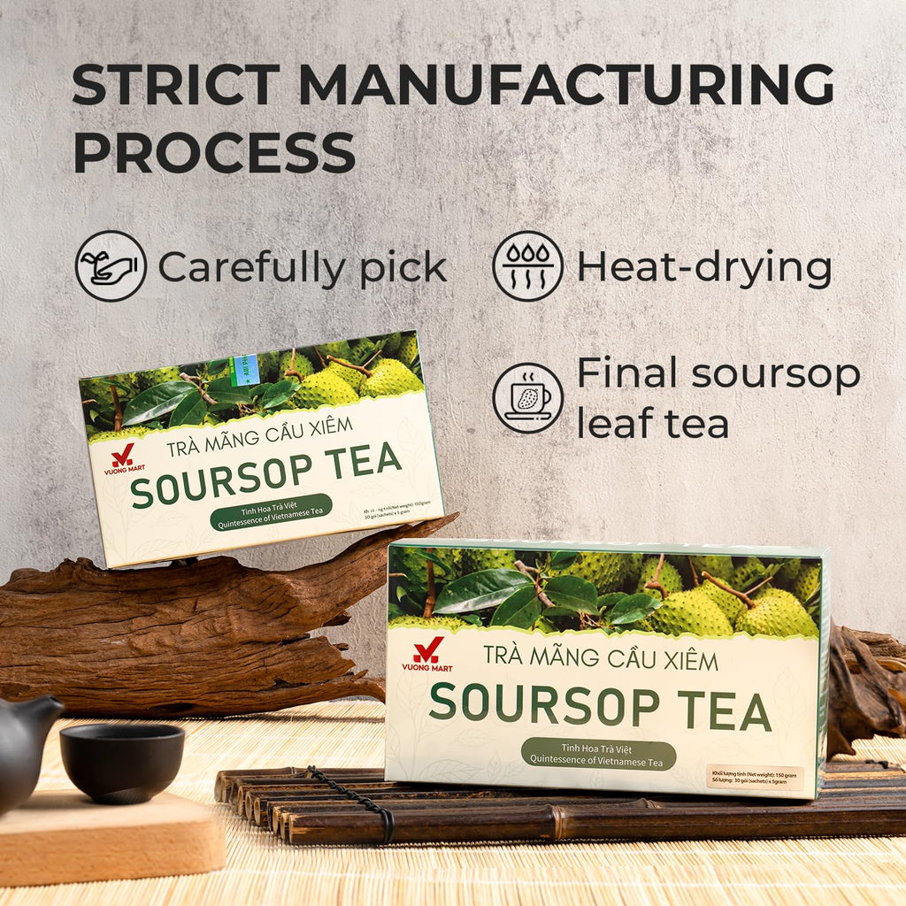 VUONGMART Dried Soursop Leaf Tea, 100% Pure & Hand Pick, Organic Herbal Tea, 30 Count, Gluten Free, Dairy Free, No Sugar Added, Energy Boost & Health Support