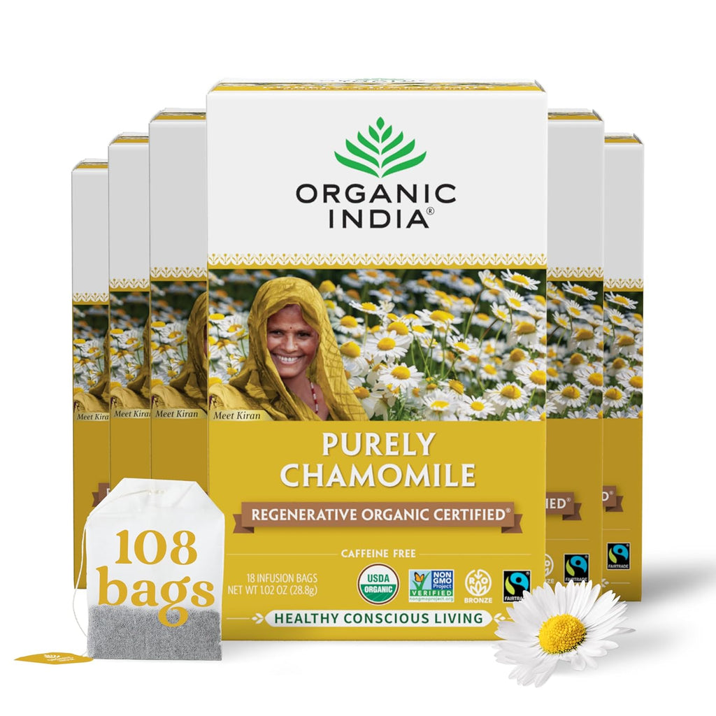 Organic India Purely Chamomile Tea- Regenerative Organic Chamomile Flowers, Caffeine Free, Calming & Relaxing Herbal Tea, Natural Support for Sleep & Relaxation- 18 Tea Bags, Pack of 6