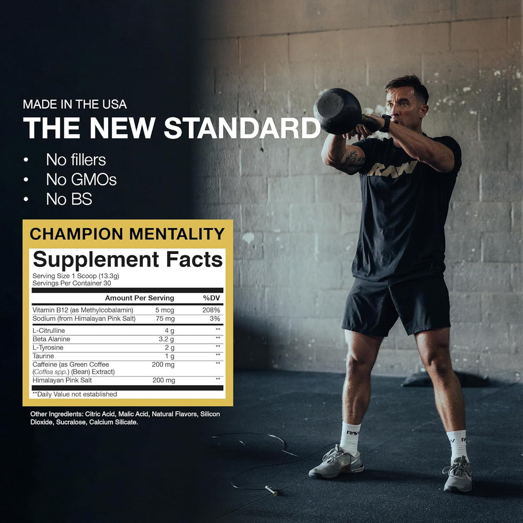 RAW Essential Pre-Workout Powder (Champion Mentality) - Chris Bumstead Sports Nutrition Supplement for Men & Women - Preworkout Energy Powder with Caffeine, L-Citrulline, L-Tyrosine & Beta Alanine