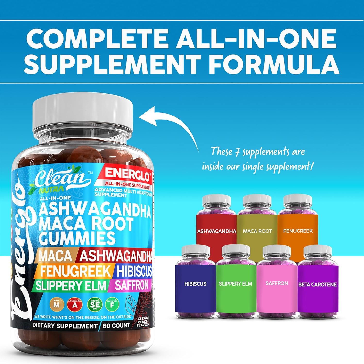 Ashwagandha Maca Root Gummies with Fenugreek Hibiscus Slippery Elm Saffron Extract & Beta Carotene | Peach Flavor Vegan Gummy Vitamins Adaptogen Cortisol Supplement Energlo by Clean Nutra (3)