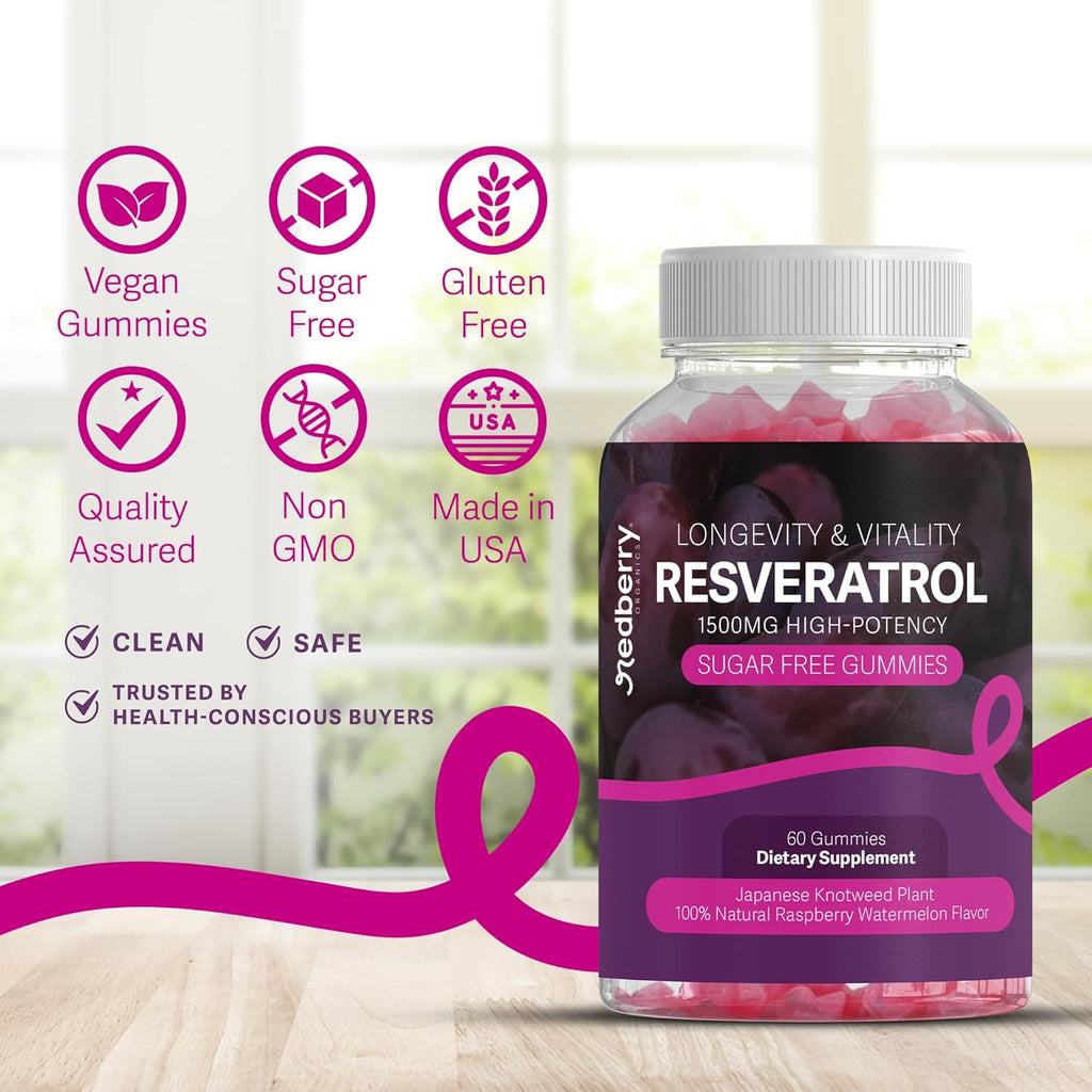Resveratrol Supplement 1500mg Gummies | 98% Pure Japanese Knotweed | Resveratrol Organic Ingredients, Sugar-Free, Gluten Free | Daily Longevity & Healthy Aging Supplement