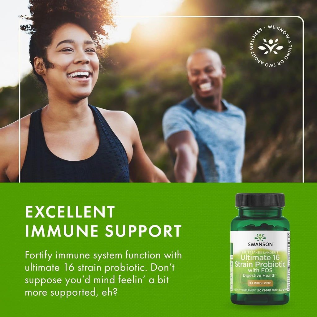 Swanson Dr. Stephen Langer's Formula - Natural Probiotic w/Prebiotic FOS - 16-Strain Supplement Promoting Digestive Support w/ 3.2 Billion CFU per Capsule - (60 Veggie Capsules)