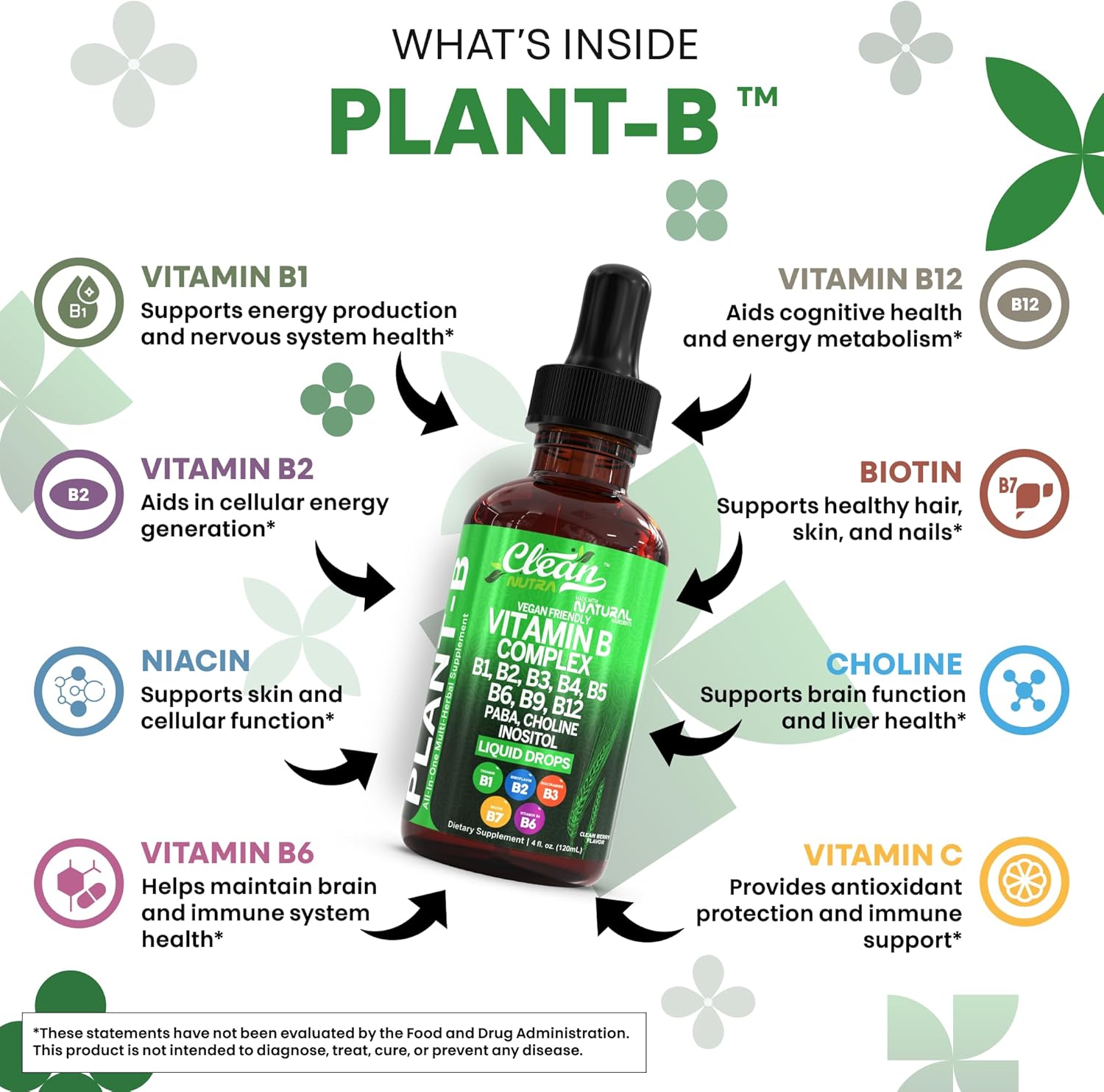 Vitamin B Complex Liquid Drops | Thiamine B1, B6, B2, B3, B4, B5, B7 B9, B12, Niacinamide, Paba, Choline Inositol Taurine Probiotics Beet Root Spirulina - Plant-B Vitamin Supplements - Clean Nutra (2)