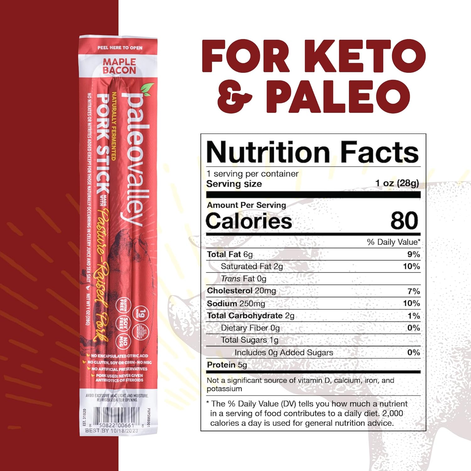 Paleovalley Pasture-Raised Pork Sticks - Maple Bacon Flavor Meat Sticks Individually Wrapped, 28g - 10 Sticks - Gluten-Free Protein Snack