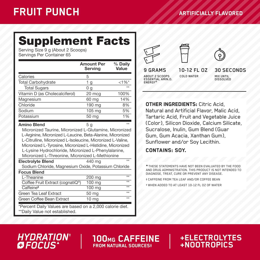 Optimum Nutrition Amino Energy Powder Plus Focus, with BCAA, Electrolytes, and Caffeine, Fruit Punch, 65 Servings (Packaging May Vary)