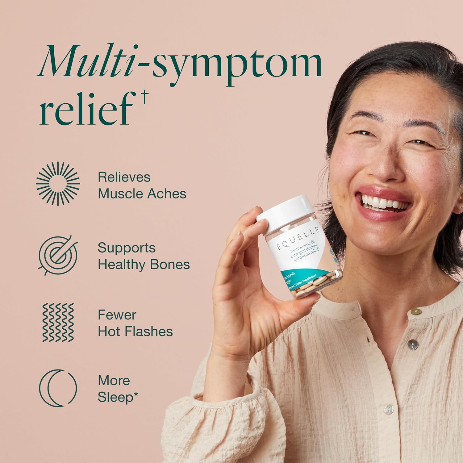 EQUELLE Multi-Symptom Menopause Relief Supplement for Women, Plant-Based S-Equol, Non-Hormonal & Non-Prescription, Fewer Hot Flashes, More Sleep, Relieves Muscle Aches, 60 Tablets