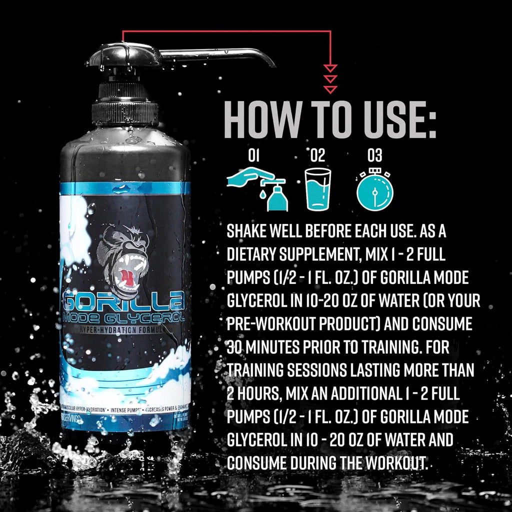 Gorilla Mode Liquid Glycerol Pre-Workout - Hydrating Pre-Workout Formula for Intense Pumps · Intramuscular Hyper-Hydration · Increased Power & Endurance / 33 FL OZ (Unflavored)