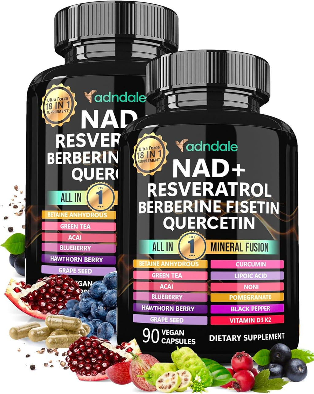 Adndale NAD Supplement, Longevity Formula with NAD, Trans Resveratrol, Quercetin, Betaine Anhydrous, Grape Seed, Fisetin, 180 Capsules