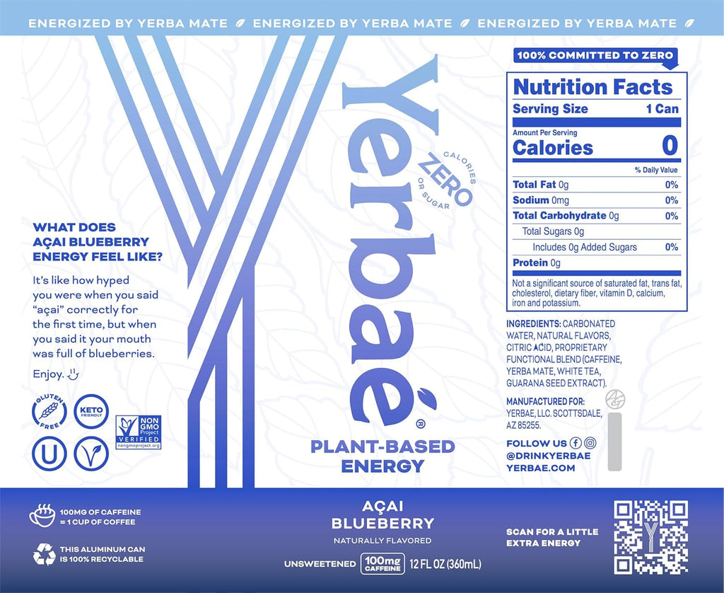 Yerbaé Energy Seltzer - Acai Blueberry, No Sugar/Calories/Carbs. Energized by Yerba Mate, Naturally Caffeinated, Plant-Based, Healthy Alternative to Coffee Sugary Sodas, Pack of 12, 12oz cans