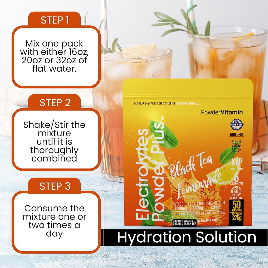 Electrolytes Powder Plus (50 Servings) Black Tea Lemonade Electrolyte Powder Zero Calorie Keto,0 Sugar, No Maltodextrin,1000mg Potassium,120mg Calcium,120mg Magnesium, Hydration Powder