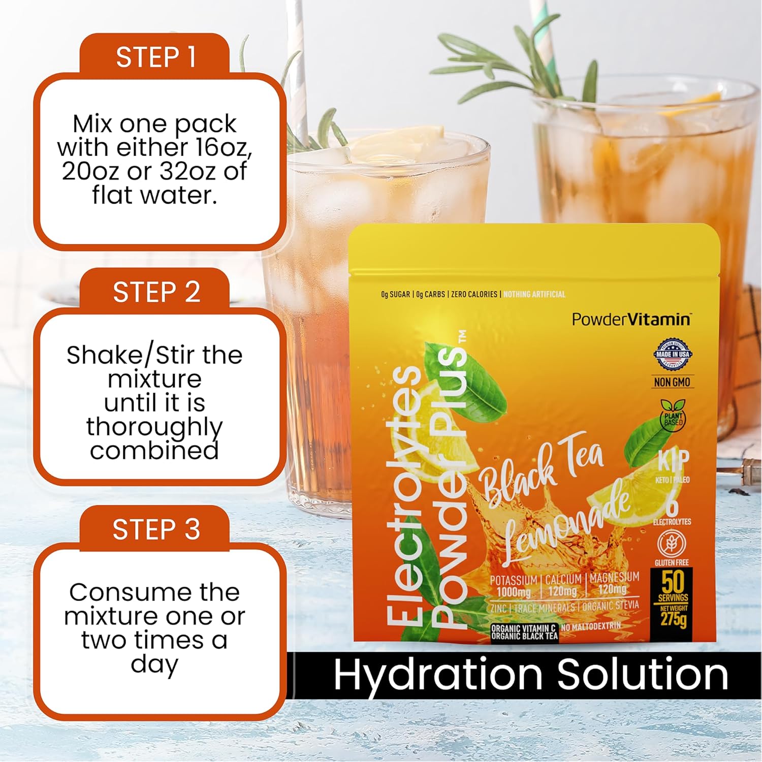 Electrolytes Powder Plus (50 Servings) Black Tea Lemonade Electrolyte Powder Zero Calorie Keto,0 Sugar, No Maltodextrin,1000mg Potassium,120mg Calcium,120mg Magnesium, Hydration Powder