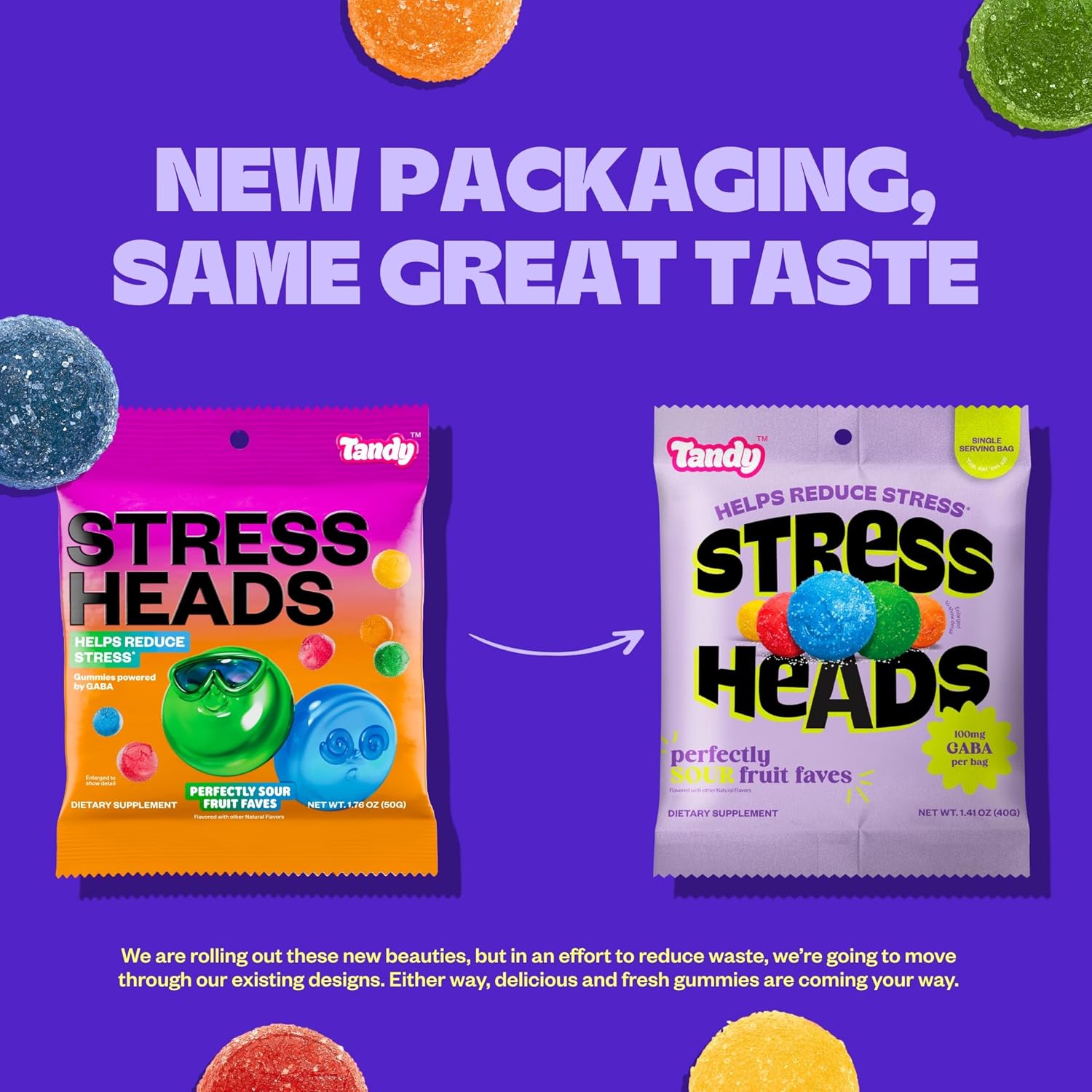 Tandy Stress Heads GABA Amino Acids Gummies I Perfectly Sour Fruit Faves Flavor Gummies Helps Support Stress Relief I Gluten-Free Fast-Acting Dietary Supplement Gummy I 6-Pack