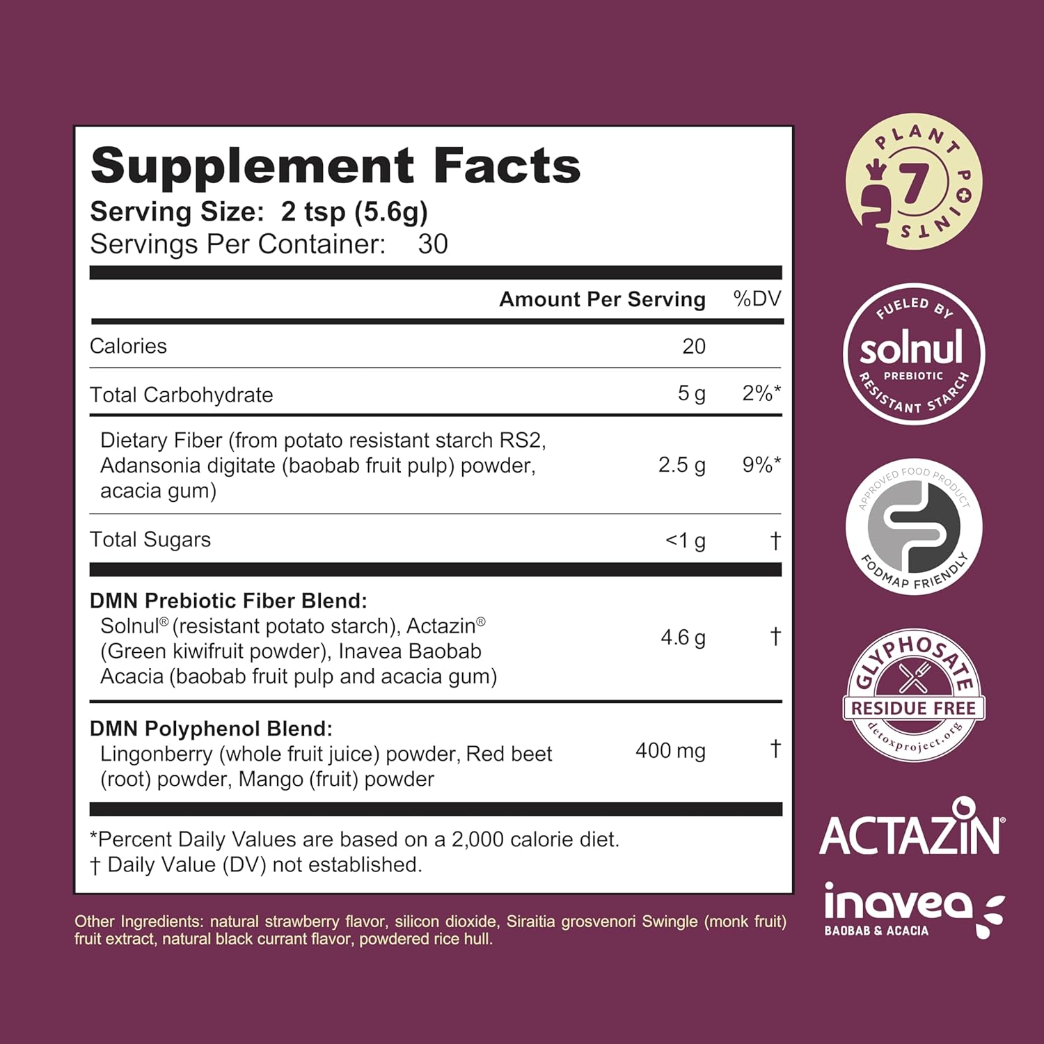 DMN (Daily Microbiome Nutrition), 6 Oz, Plant-Based Fiber Powder with 3 Different Prebiotics, Helps Digestive & Gut Health, Low FODMAP Supplement, Vegan, Wild Berry Flavor, 30 Servings