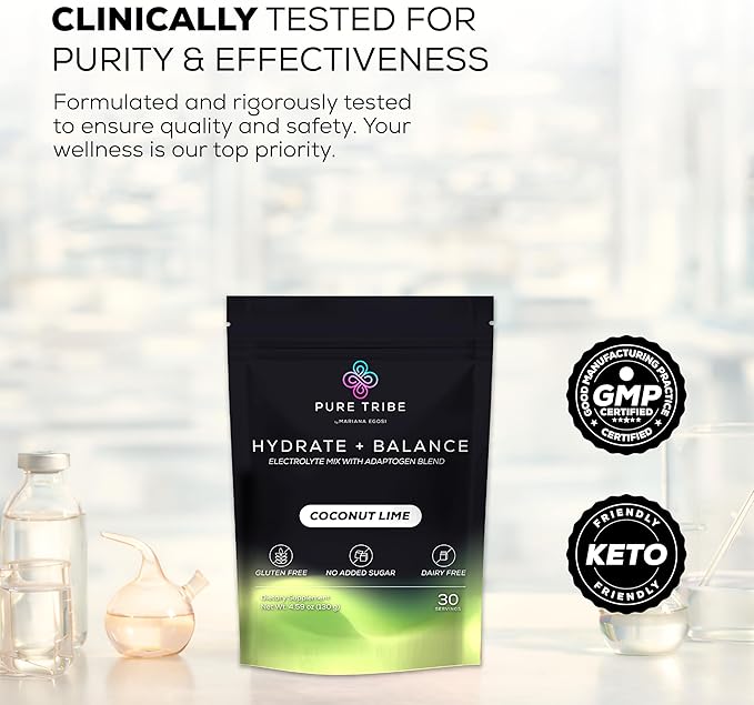 Hydrate + Balance Electrolytes Powder Packets – Vegan & Sugar-Free Hydration Packets with 6 B Vitamins & Adaptogens – Coconut Lime Drink for Instant Hydration & Energy – 30 Stick Servings