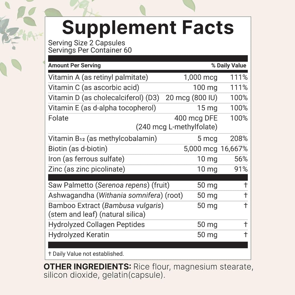 Micro Ingredients Hair Growth Vitamins for Women & Men, 120 Capsules | 14-in-1 Formula with Biotin, Collagen, Keratin, Saw Palmetto & More | Thicker, Fuller, Nourishes Thinning & Loss Hair Support