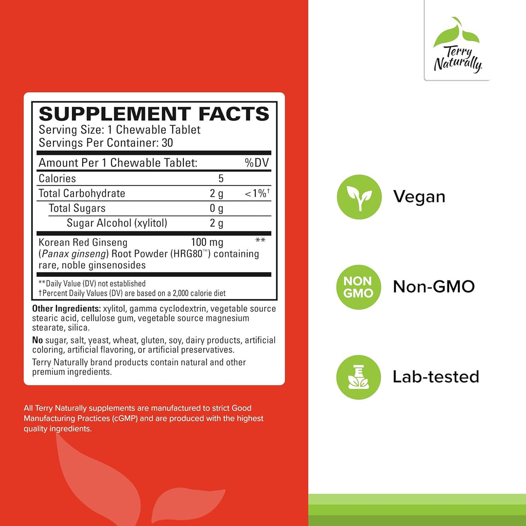 Terry Naturally HRG80 Red Ginseng Energy - Support Healthy Energy & Focus - Herbal Supplement with Korean Red Ginseng Root Powder - Vegan Tablets to Aid Healthy Endurance - 30 Chewable Tablets