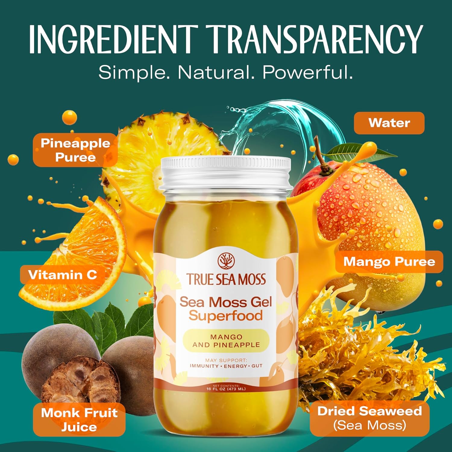TrueSeaMoss Sea Moss Gel – Made in USA – Wildcrafted Seamoss, Fresh Fruits & Sea Vegetables – Mango/Pineapple, Pack of 3 (Labels may Vary)