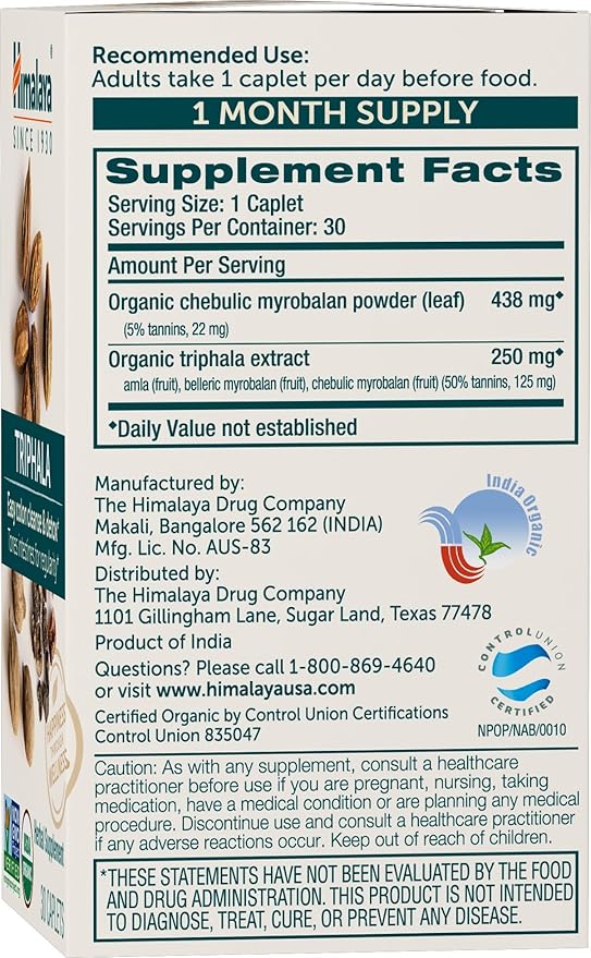 Himalaya Organic Triphala - Digestive Health Supplement for Colon Cleanse & Occasional Bloating and Constipation Relief - USDA Organic, Vegan, Non-GMO, Gluten Free, 688 mg, 30 Caplets