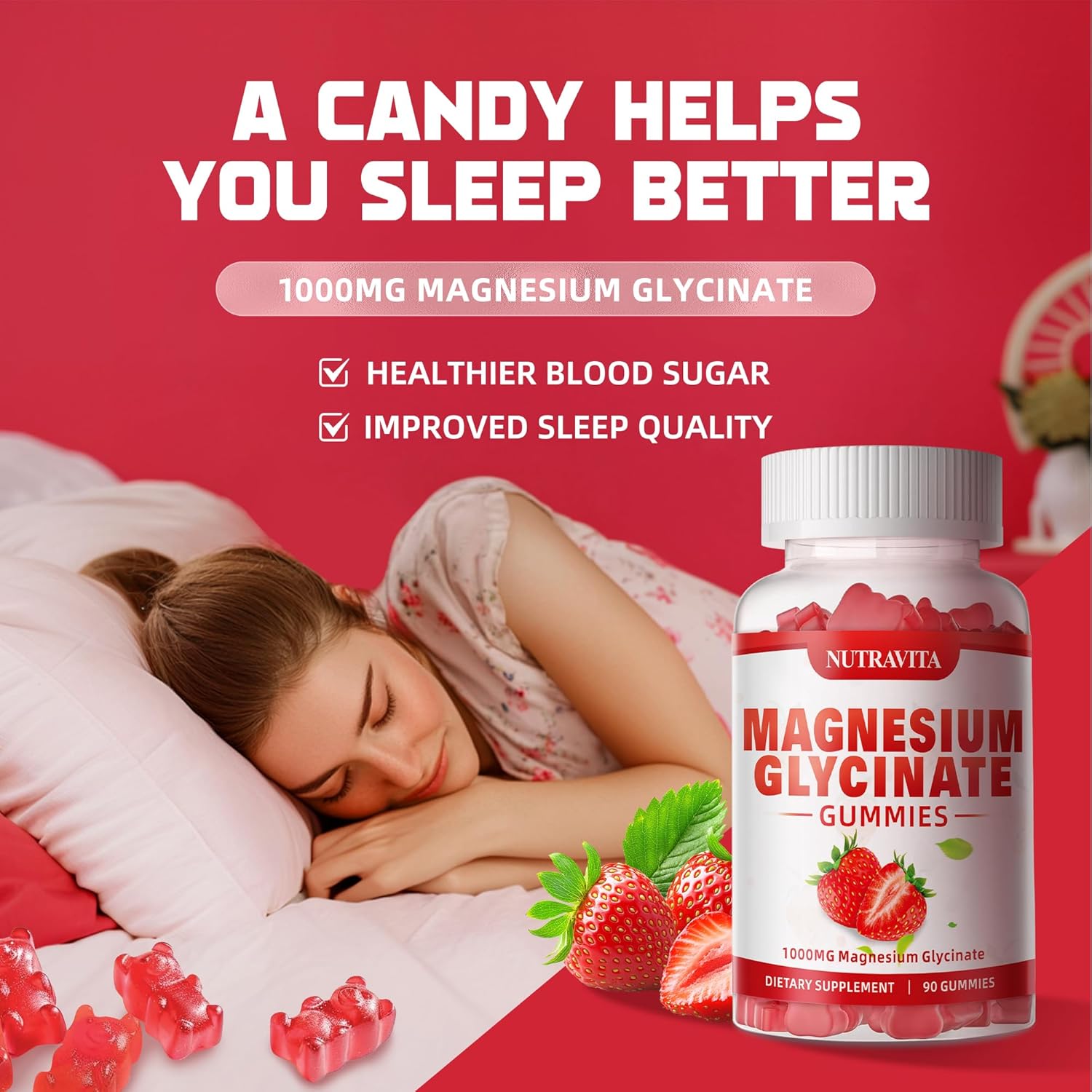 Magnesium Glycinate Gummies 1000mg with L-Threonate,Chelated Magnesium Potassium Complex Supplement with VitD, B6, CoQ10, Calcium,Supports for Memory, Calm, Mood - 180 Gummies Strawberry