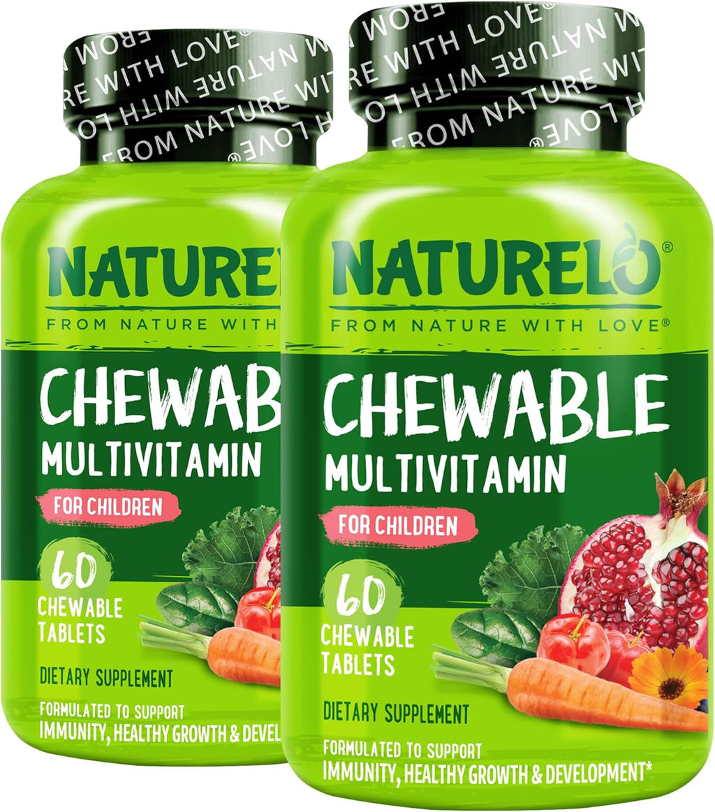 NATURELO Chewable Vitamin for Kids – Multivitamin with Whole Food Organic Fruit Blend - 60 Tablets for Children (Pack of 2)