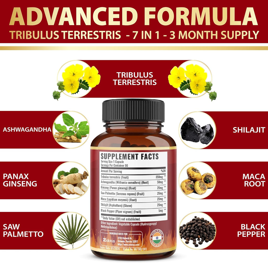 Tribulus Terrestris Capsules with Ashwagndha, Panax Ginseng, Saw Palmetto, Maca, Shilajit - 90 Capsules - 3 Months Supply