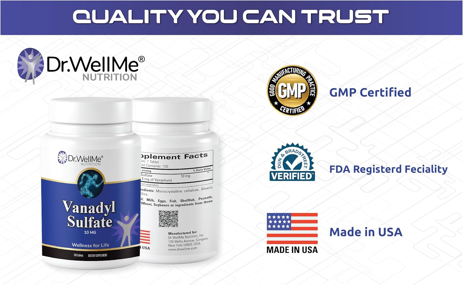 Dr. WellMe Vanadyl Sulfate 10mg – 100 Tablets Blood Sugar, Maintain Glucose & Metabolism – Non-GMO, Gluten-Free Supplement for Men & Women