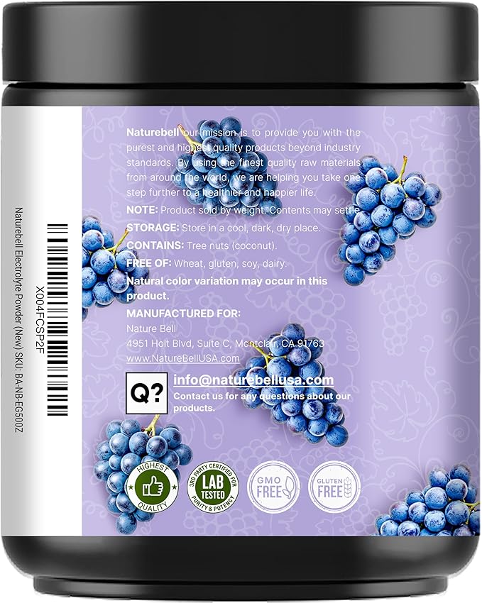 NatureBell Electrolytes Powder No Sugar, 500g (76 Servings) | Keto Fast Hydration Powder, Carnivore-Friendly Electrolyte – 1,000mg High Potassium, Minerals, & Coconut Water – Concord Grape Flavor