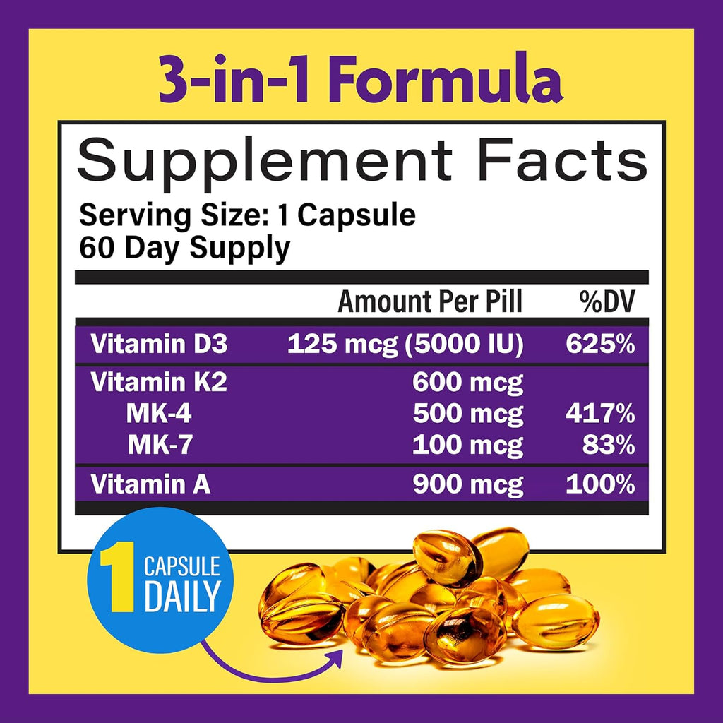 InnovixLabs Vitamin D3 K2-5000 IU Vitamin D3 Plus 600 mcg Vitamin K2 MK4 and MK7 for Max Calcium Absorption, Supports Bone, Immune, Heart Health, 3rd Party Tested, Gluten Free, 60 Softgels