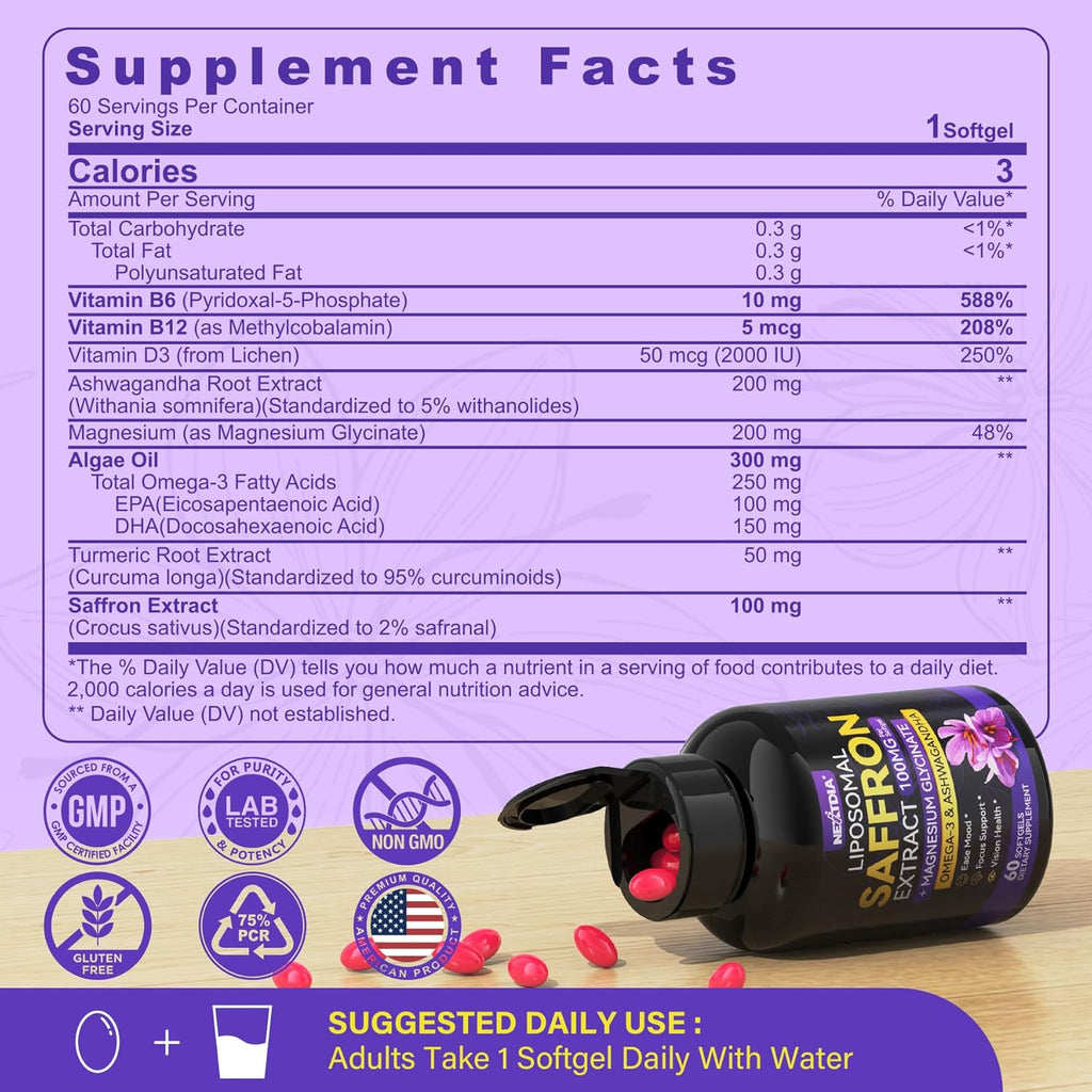 Saffron Supplements - 100mg Liposomal High Absorption 100% Pure Saffron Extract with Magnesium Glycinate, Omega-3, Turmeric, Ashwagandha, Vitamin B6, B12, D3 for Mood, Brain - 60 Softgels.