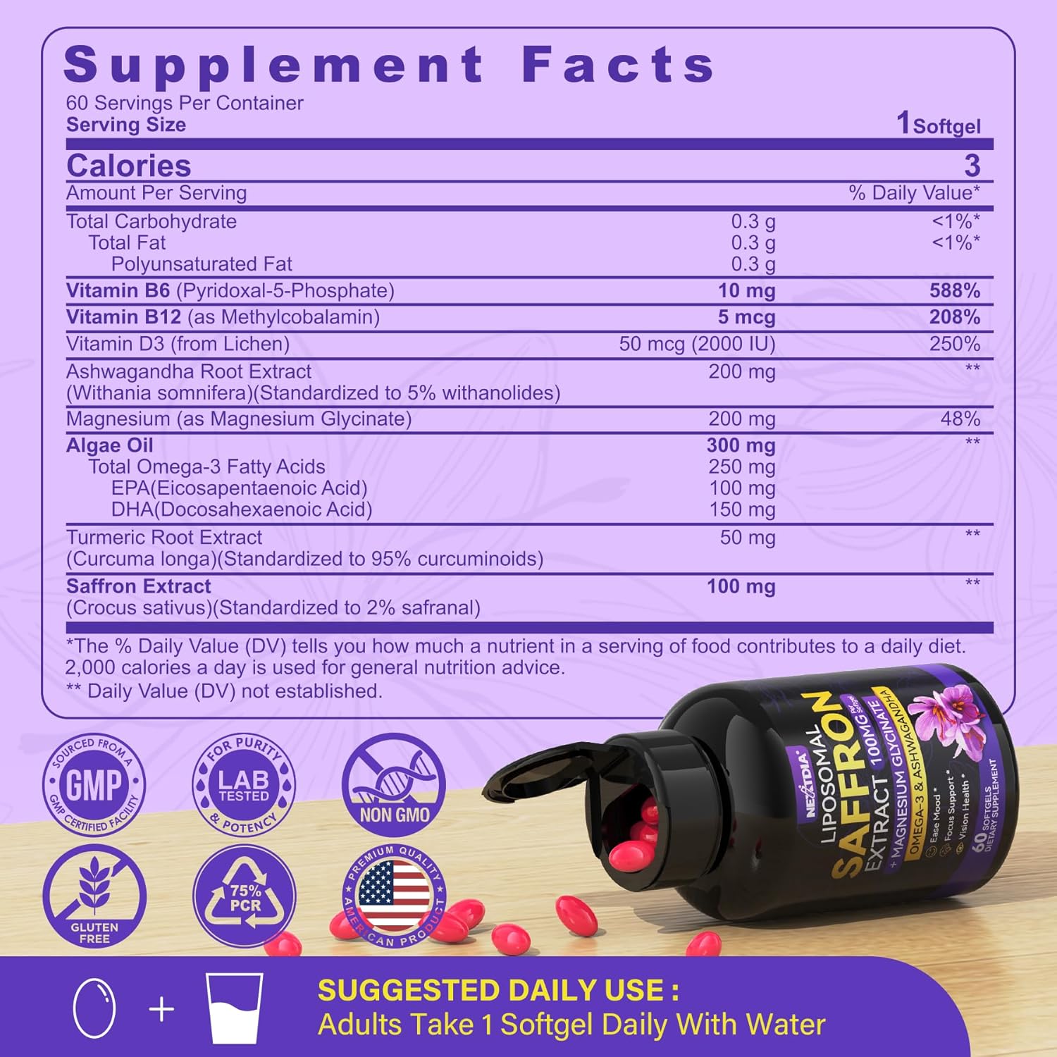 Saffron Supplements - 100mg Liposomal High Absorption 100% Pure Saffron Extract with Magnesium Glycinate, Omega-3, Turmeric, Ashwagandha, Vitamin B6, B12, D3 for Mood, Brain - 60 Softgels.