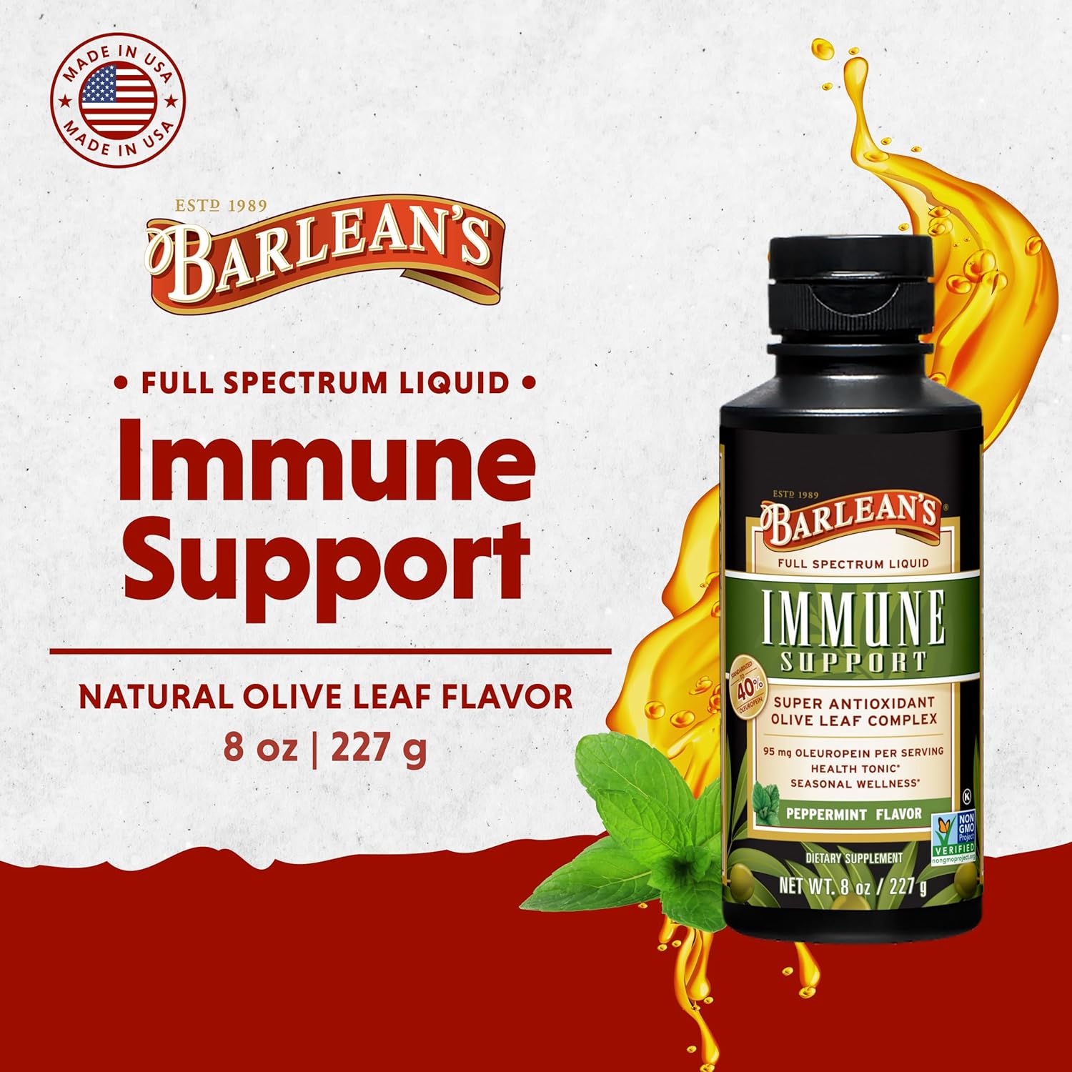 Barlean's Peppermint Olive Leaf Complex Liquid Immune Support Supplement, 95mg Oleuropein Antioxidants, 8 oz