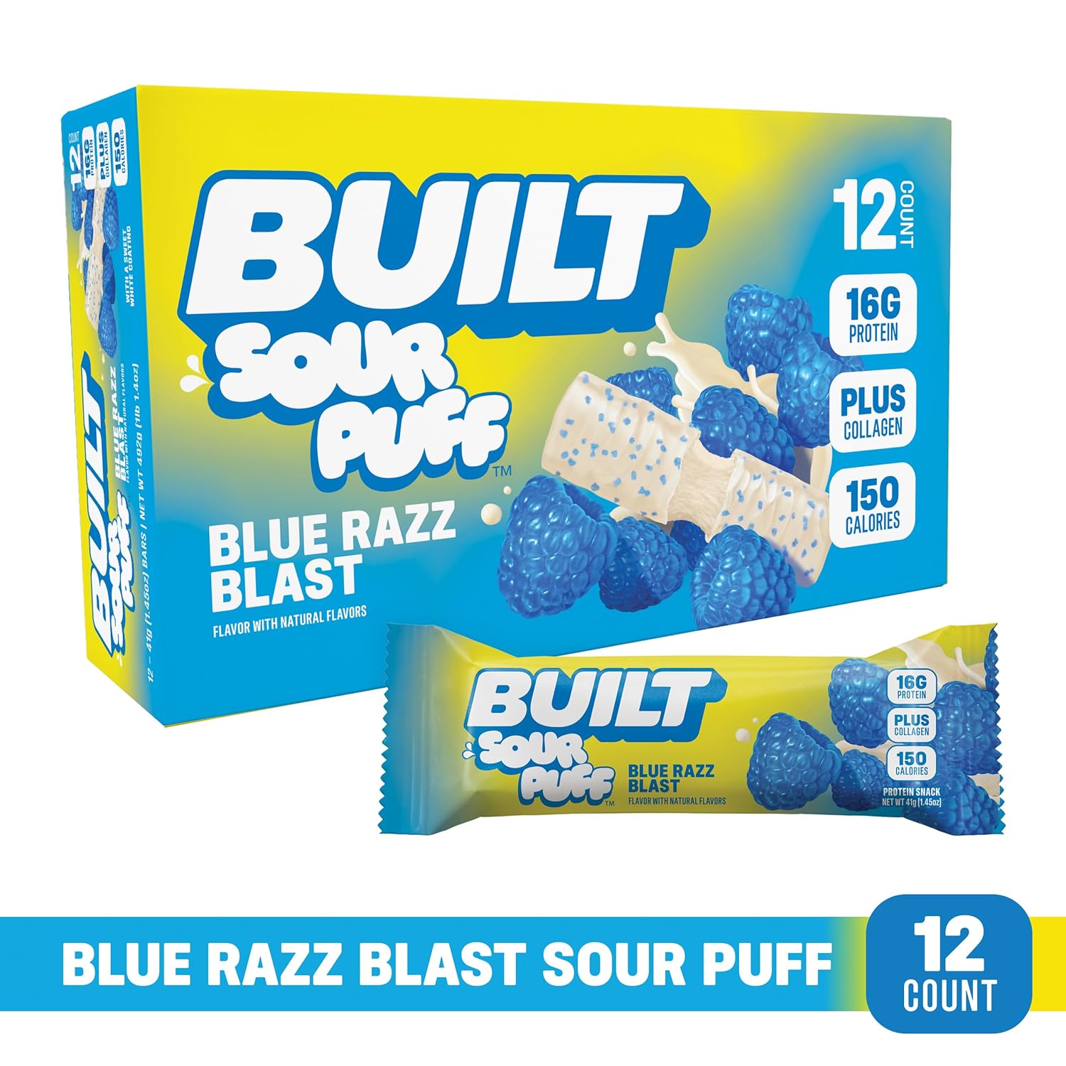 Built Bar, Sour Puff Protein Bars, Blue Razz Blast, Collagen, On-the-go Snacks, Sour Candy Snack, 12 Pack