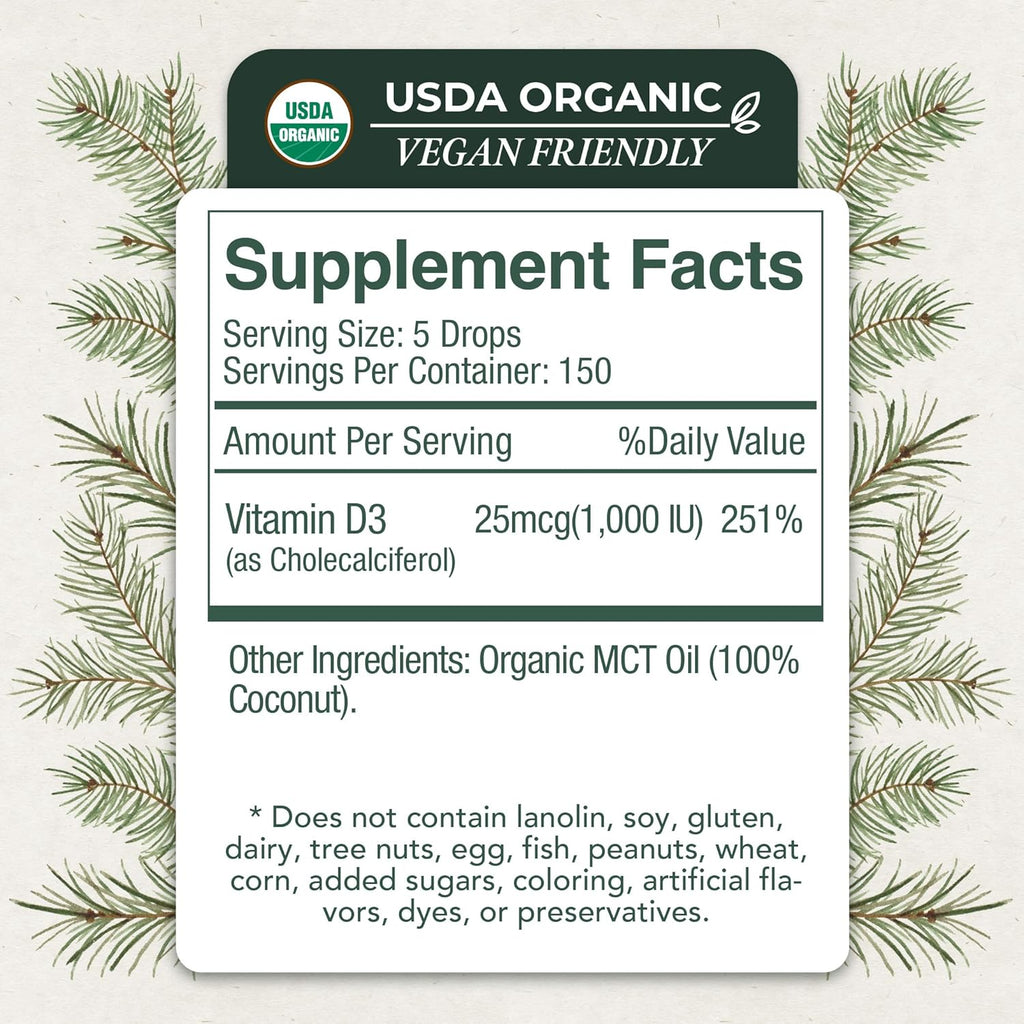 Vitamin D3 Liquid Drops - Organic MCT Oil Formula for Adults - Easy Absorption D3 Supplement for Immune Support & Bone Health 1000 IU