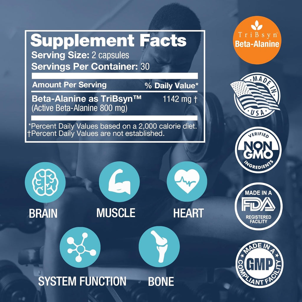 Beta-Alanine Capsules -Amino Acid - 3200mg Equivalent Dose - Prevent Muscle Loss - Brain Health - Joint Health - Heart Health - High Absorption- 30 Servings - Feelgood Lifestyle