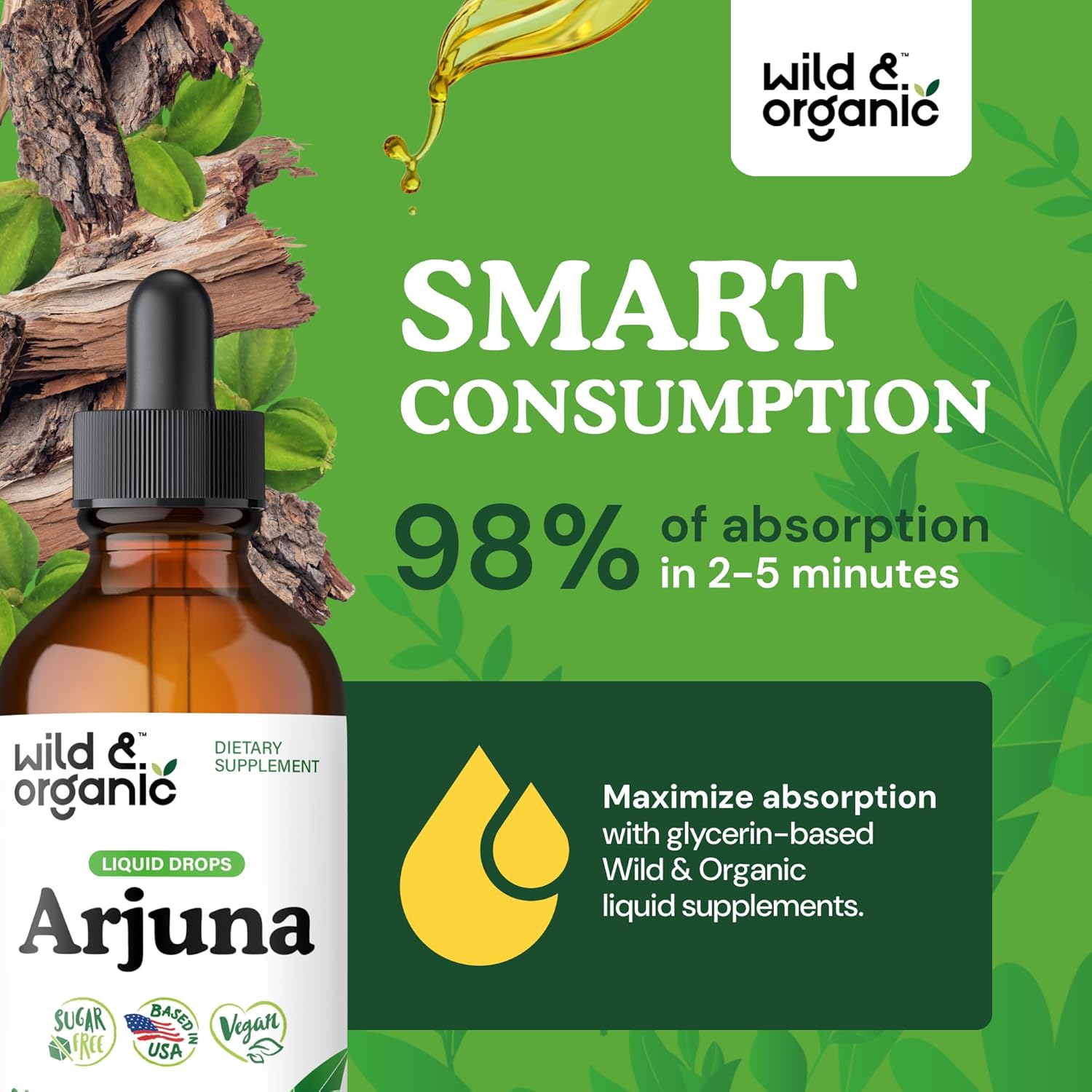 Wild & Organic Arjuna Bark Tincture - Overall Well-Being Supplement - Alcohol-Free Liquid Drops - Terminalia Arjuna Bark Extract - No Sugar & Additives, Non-GMO - 4 fl oz