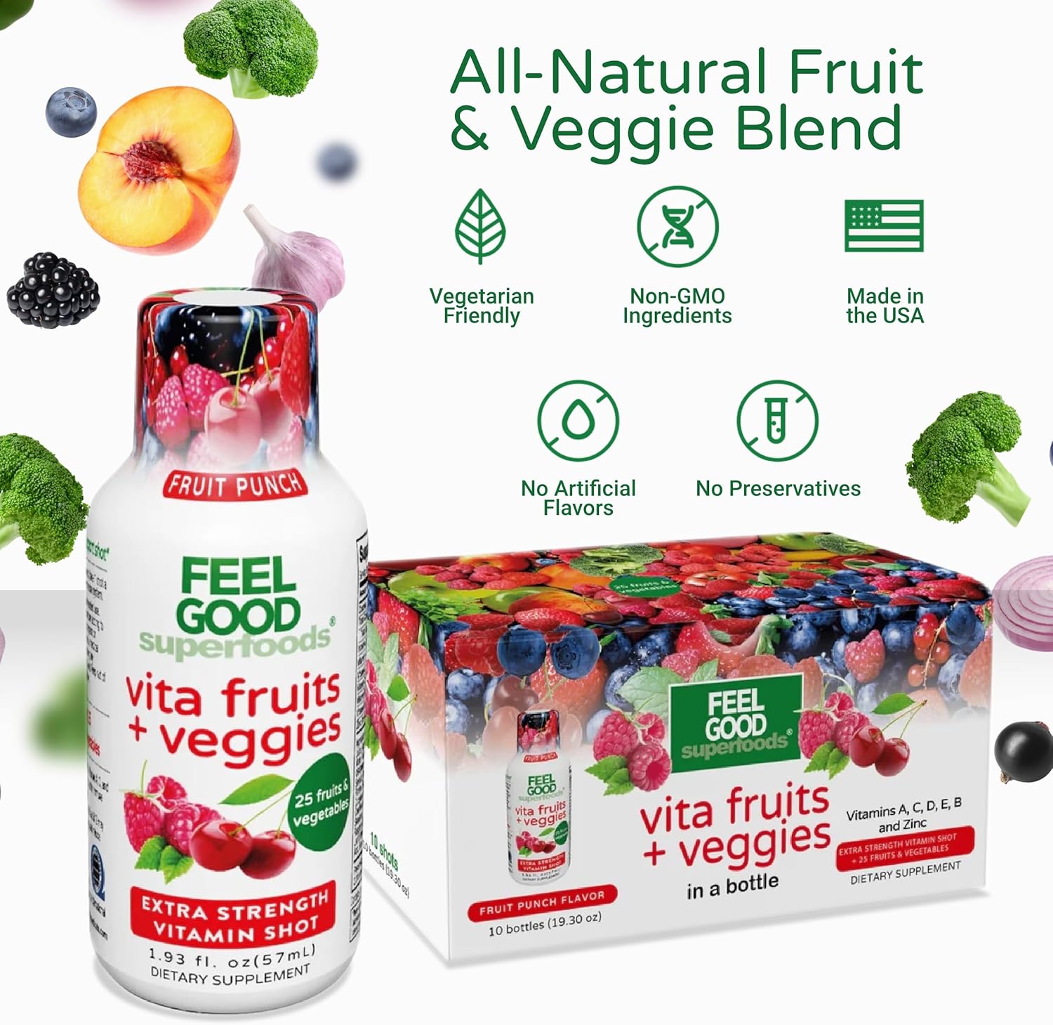 FeelGood Superfoods Vita Fruits and Veggies Immune Support Shot Supplements, Fruit Punch Flavor, Pack of 10 Immunity Shots, Immune System Booster Drink Made with 25 Organic Fruit & Vegetables