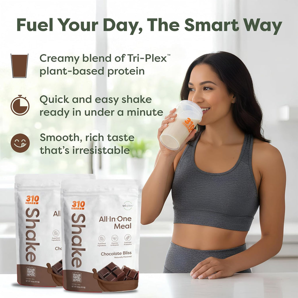 310 Nutrition All-In-One Meal Replacement Shake Powder - Plant-Based Protein Smoothie Blend w/High Fiber, Probiotics & Adaptogens - Low Carb, Vegan, Keto & Paleo Friendly - Chocolate Bliss - 14 Srv