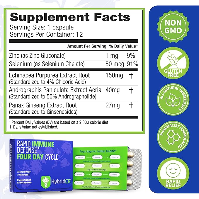 HybridCR Rapid Immune Support Supplement – 4 Day Immunity Supplement - Immune Defense Booster with Echinacea, Ginseng, Andrographis, Zinc, Selenium – Travel Size System Support – 24 Caps, 2 Dose Packs