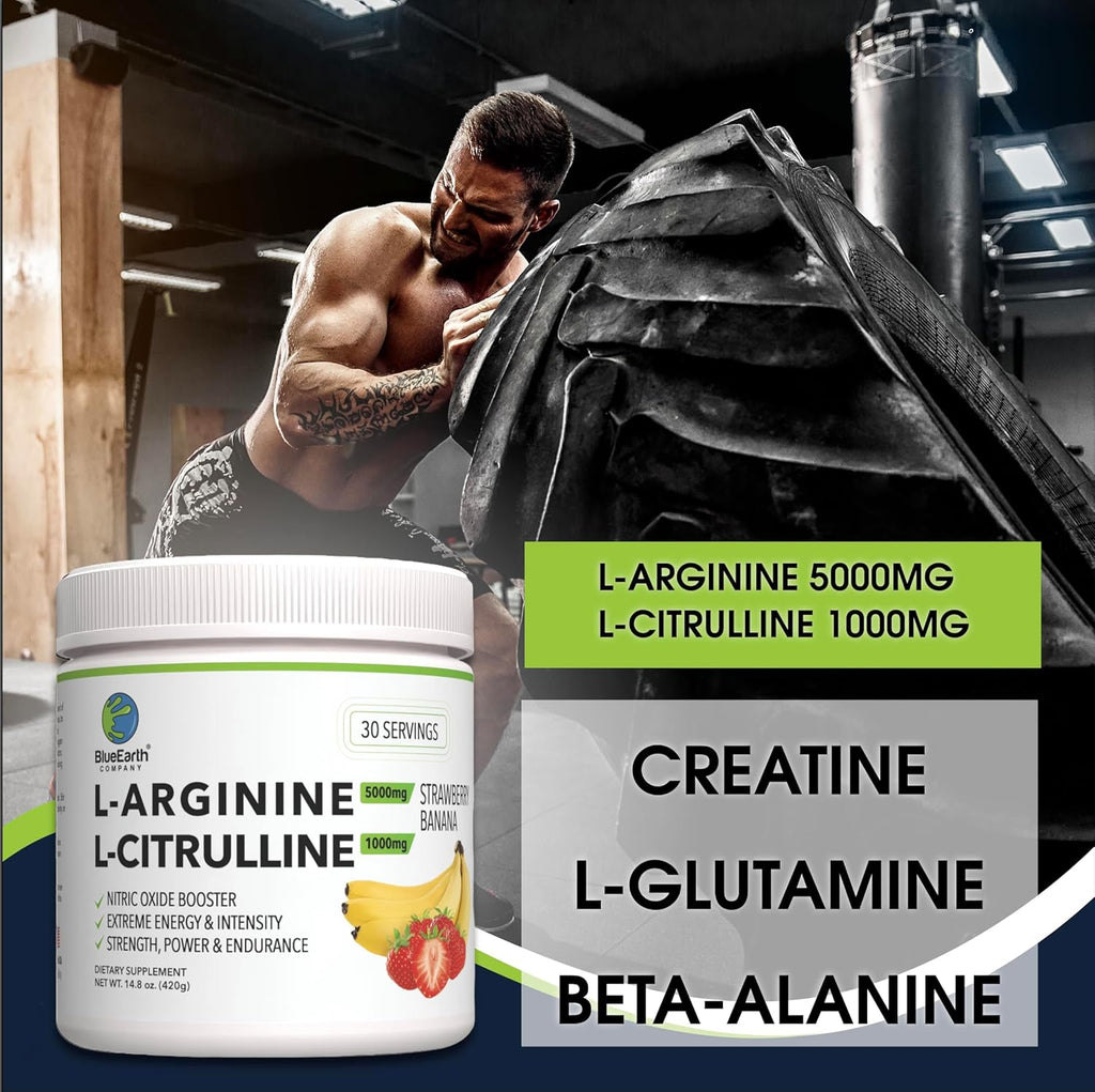 L-Arginine 5000mg + L-Citrulline Complex Powder Supplement Drink Mix - Nitric Oxide Booster for Heart Health, Blood Flow & Energy - 30 Servings (Strawberry Banana)