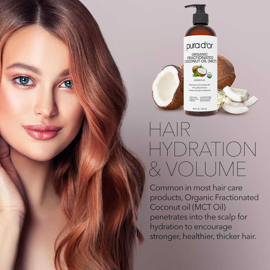 PURA D'OR 16 Oz ORGANIC Fractionated Coconut Oil – USDA Certified – MCT Oil – Therapeutic, Hydrating, Lightweight Moisturizer – Hexane Free Carrier Oil For Essential Oils & Massage – Face, Hair & Body