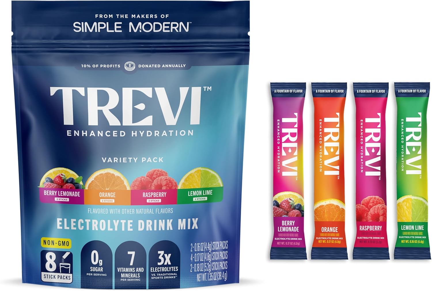 TREVI™ Sugar Free Electrolytes - Drink Mix Hydration Powder Packets - 8 Count - Original Variety Pack - Berry Lemoande, Lemon Lime, Raspberry, Orange